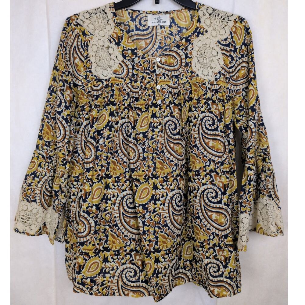 Stella Forest Odila floral paisley crochet lace flare sleeve top Size 40 Cottage